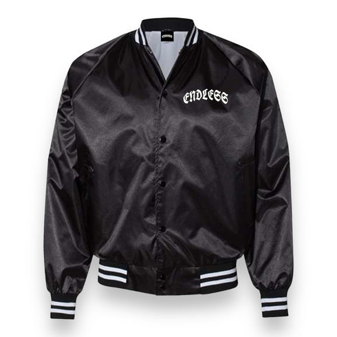 Lightweight Endless Satin Baseball Jacket w/ striped trim - Love Hate Clothing LLC