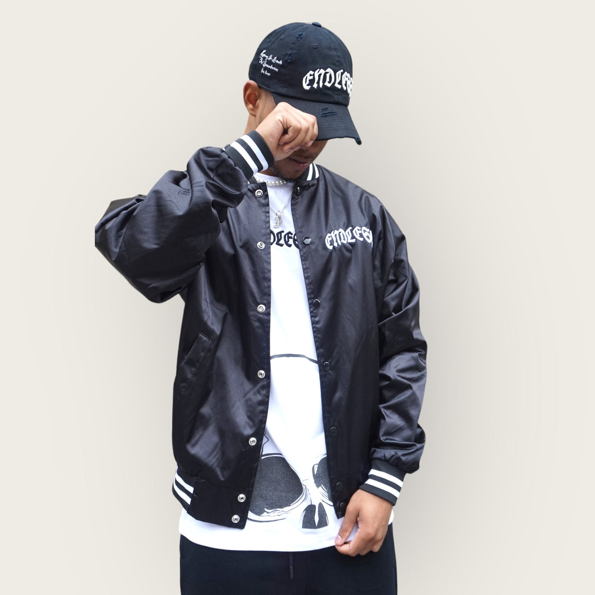 Lightweight Endless Satin Baseball Jacket w striped trim Love Hate Clothing LLC